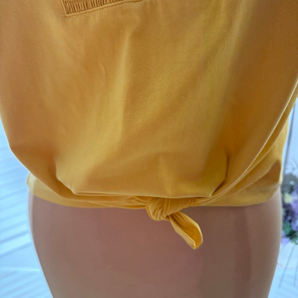 Chico's yellow puffed sleeves top tie knot front waist length blouse sz XL - Picture 7 of 10